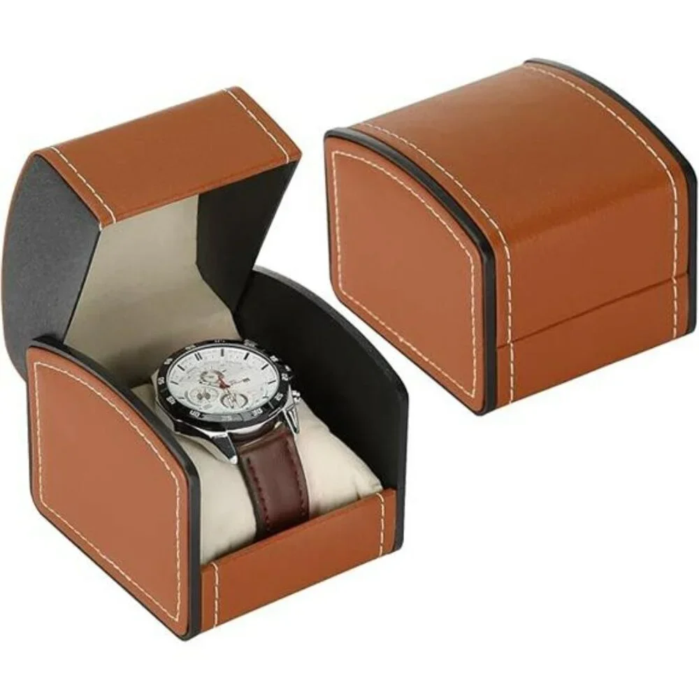 Single Watch Box PU Leather Case with Pillow Jewelry Display Storage Brown